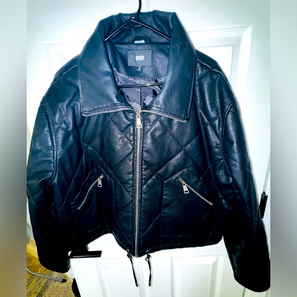 DKNY Jeans Womens Faux Leather Quilted Short Motorcycle Jacket